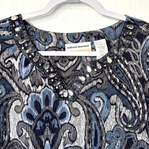 Alfred Dunner Wms 1X Blue Gray Jersey Knit Embellished Popover Tunic Blouse Glam - Picture 5 of 10